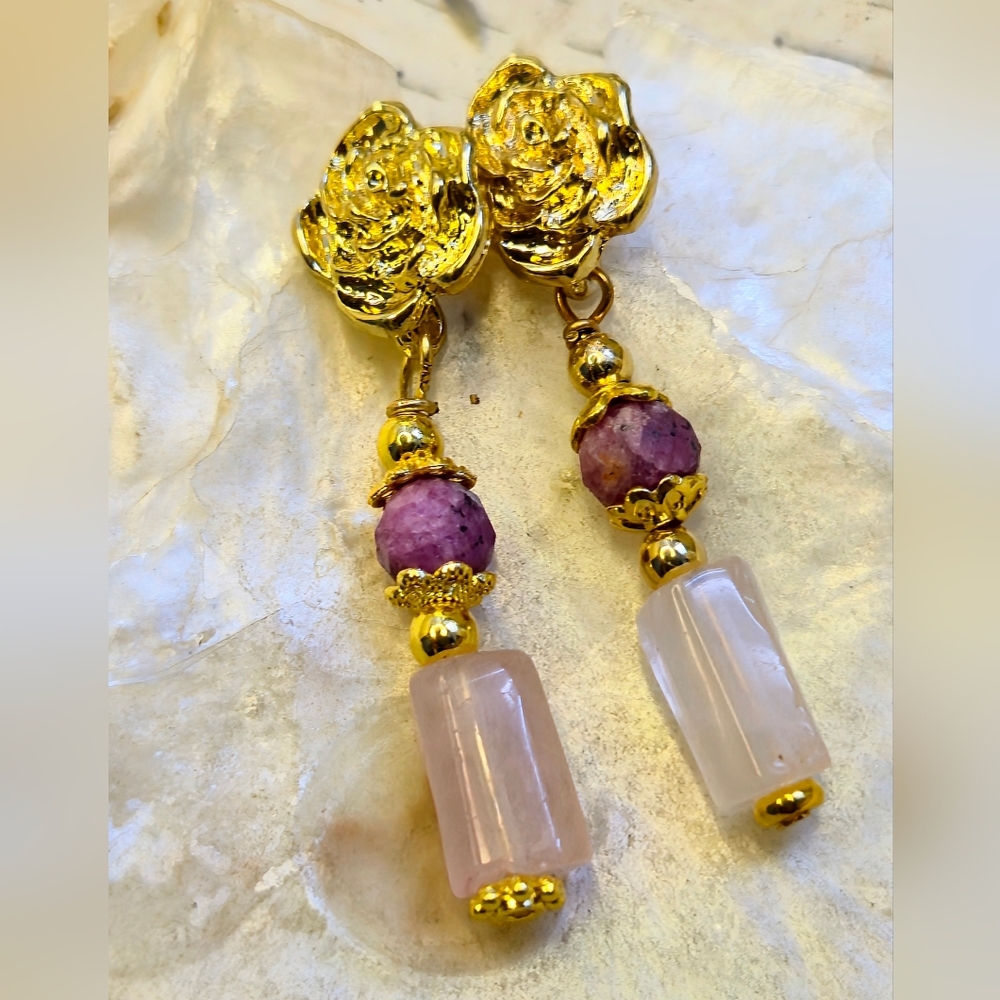 Genuine Pink Morganite & Pink Ruby In Flower Gold Plated Earrings